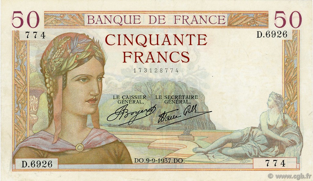 50 Francs CÉRÈS modifié FRANCE  1937 F.18.03 TTB