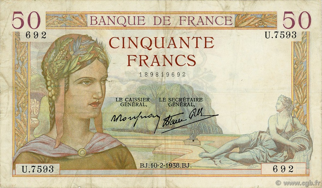 50 Francs CÉRÈS modifié FRANCE  1938 F.18.08 TB+