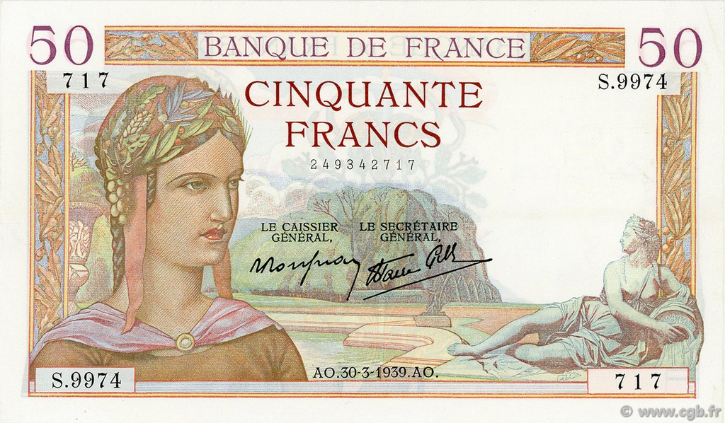 50 Francs CÉRÈS modifié FRANCE  1939 F.18.24 SUP