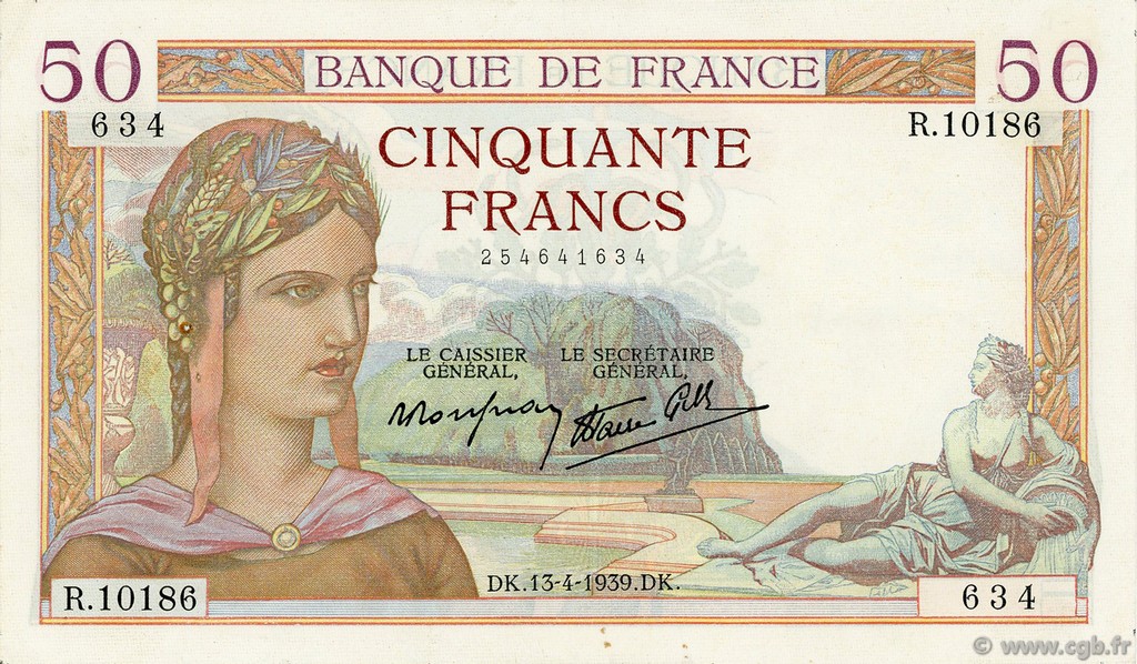 50 Francs CÉRÈS modifié FRANCE  1939 F.18.25 TTB