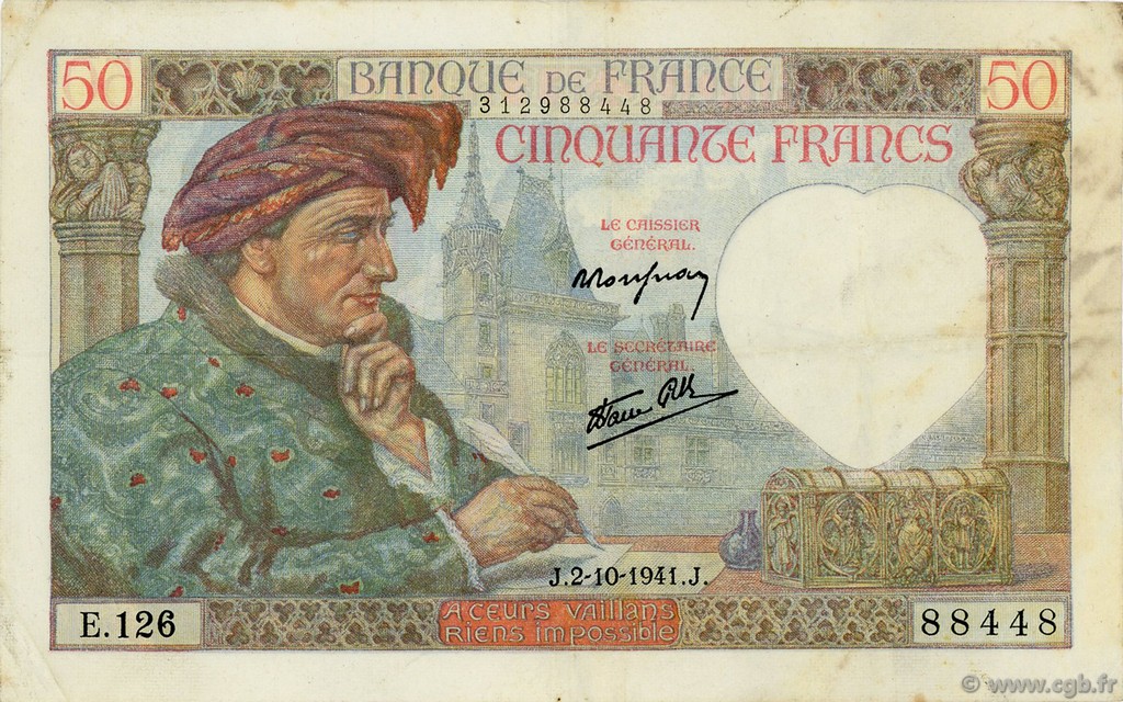 50 Francs JACQUES CŒUR FRANCE  1941 F.19.15 TTB