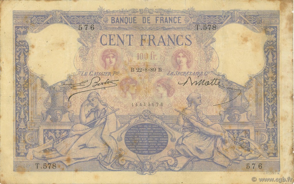 100 Francs BLEU ET ROSE FRANCE  1889 F.21.02 TB