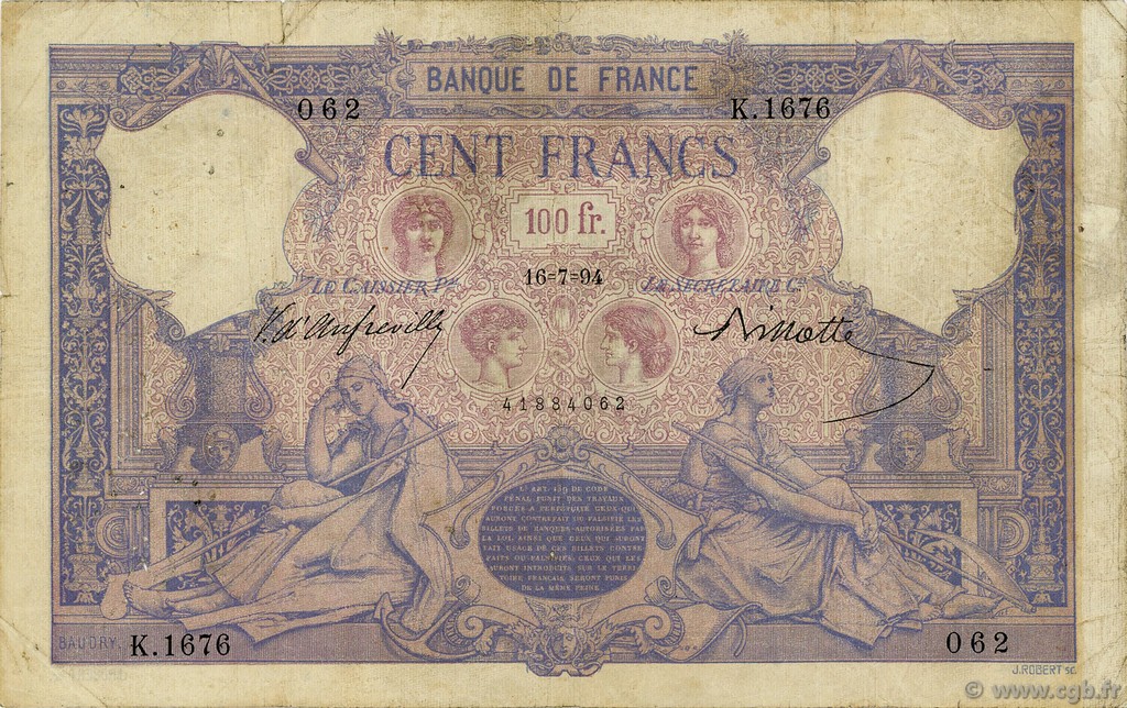 100 Francs BLEU ET ROSE FRANCE  1894 F.21.07 B+