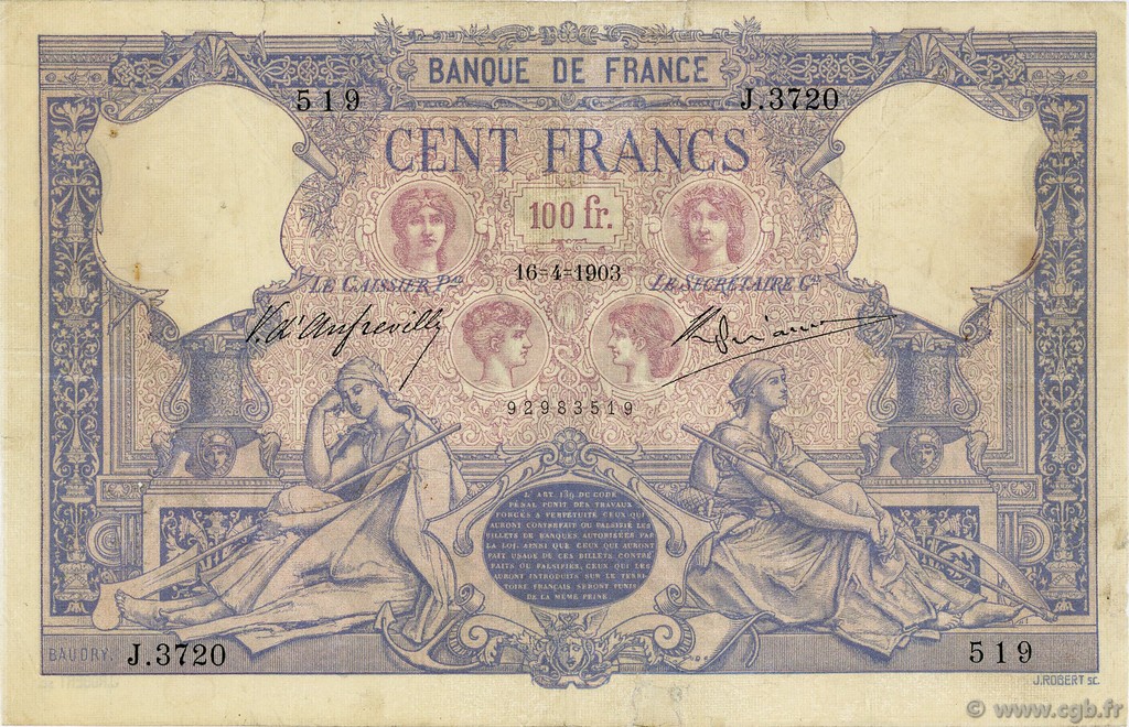 100 Francs BLEU ET ROSE FRANCE  1903 F.21.17 B