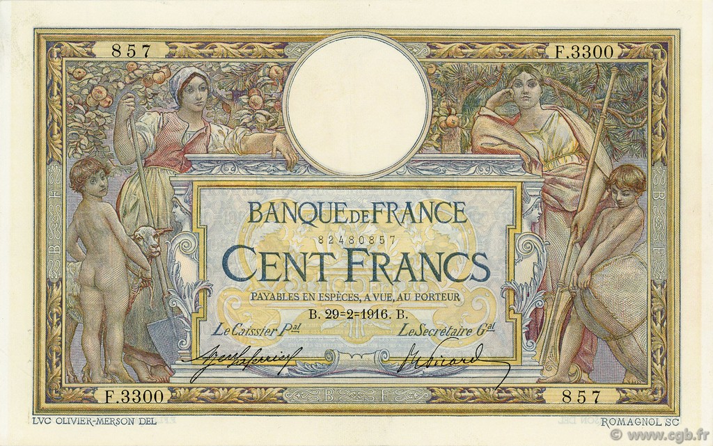 100 Francs LUC OLIVIER MERSON sans LOM FRANCE  1916 F.23.08 SUP