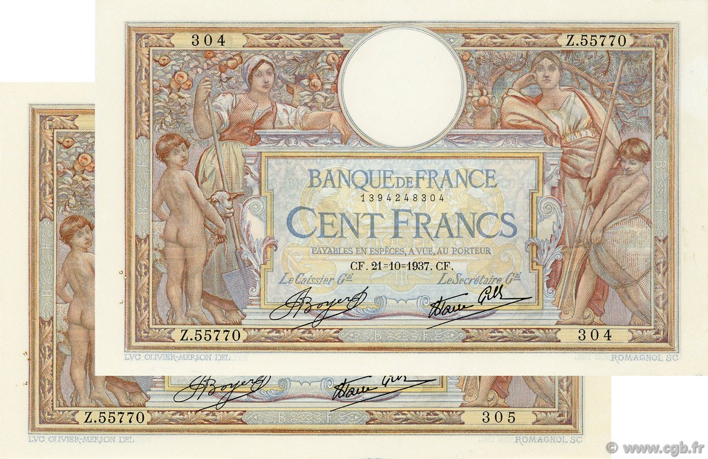 100 Francs LUC OLIVIER MERSON type modifié FRANCE  1937 F.25.03 SUP+