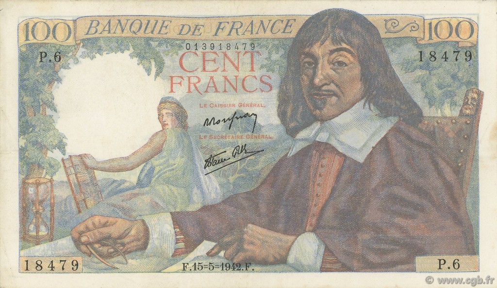 100 Francs DESCARTES FRANCE  1942 F.27.01 TTB à SUP