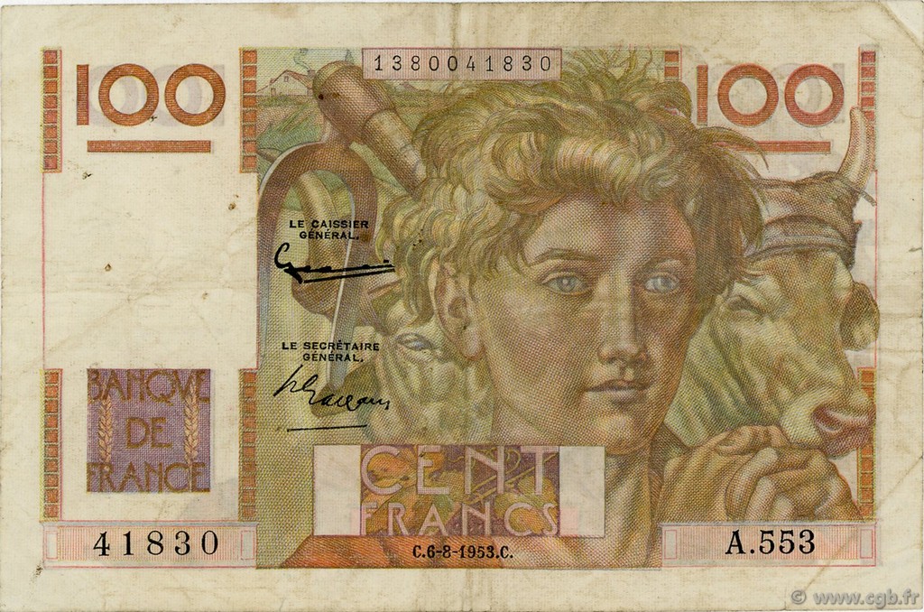 100 Francs JEUNE PAYSAN filigrane inversé FRANCE  1953 F.28bis.02 TB