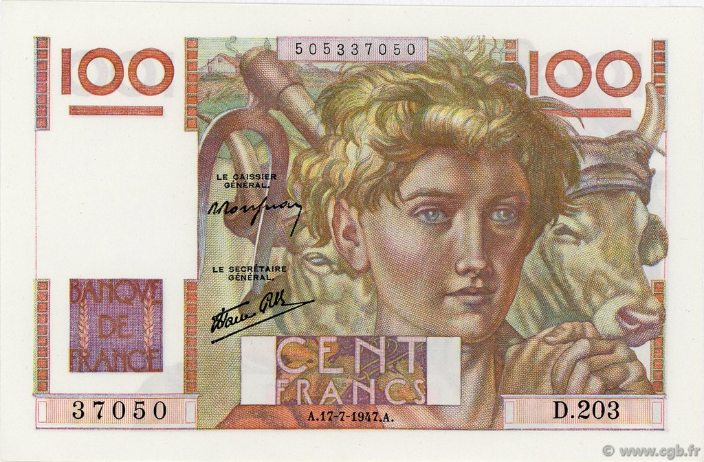 100 Francs JEUNE PAYSAN Favre-Gilly FRANCE  1947 F.28ter.01 SPL+