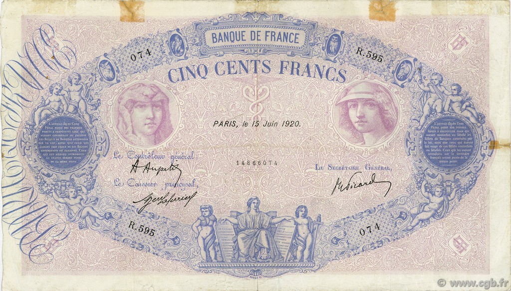 500 Francs BLEU ET ROSE FRANCE  1920 F.30.24 TB