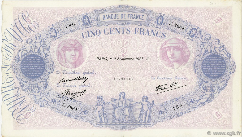 500 Francs BLEU ET ROSE modifié FRANCE  1937 F.31.03 VF+