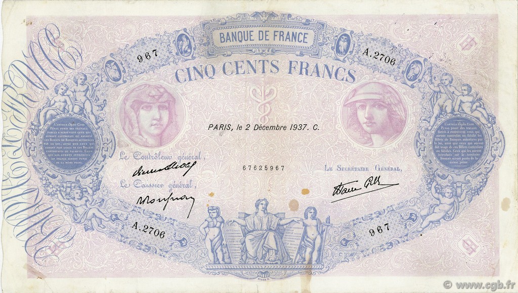 500 Francs BLEU ET ROSE modifié FRANCE  1937 F.31.04 TB