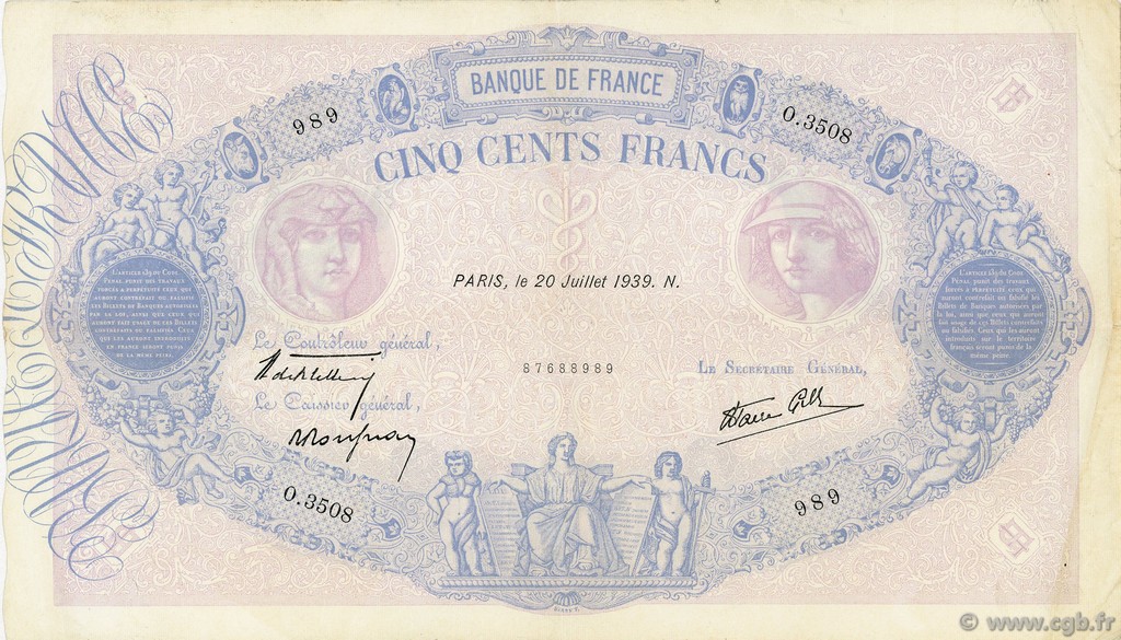 500 Francs BLEU ET ROSE modifié FRANCE  1939 F.31.37 TTB