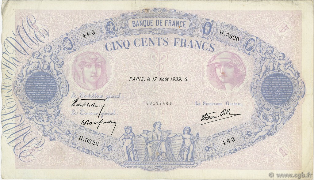 500 Francs BLEU ET ROSE modifié FRANCE  1939 F.31.38 TTB