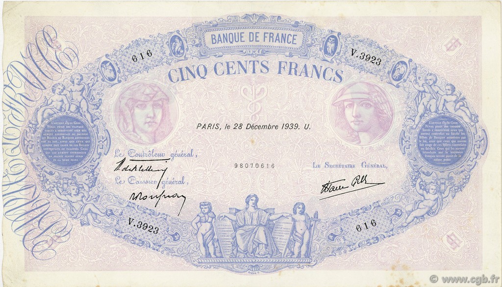 500 Francs BLEU ET ROSE modifié FRANCE  1939 F.31.54 TTB