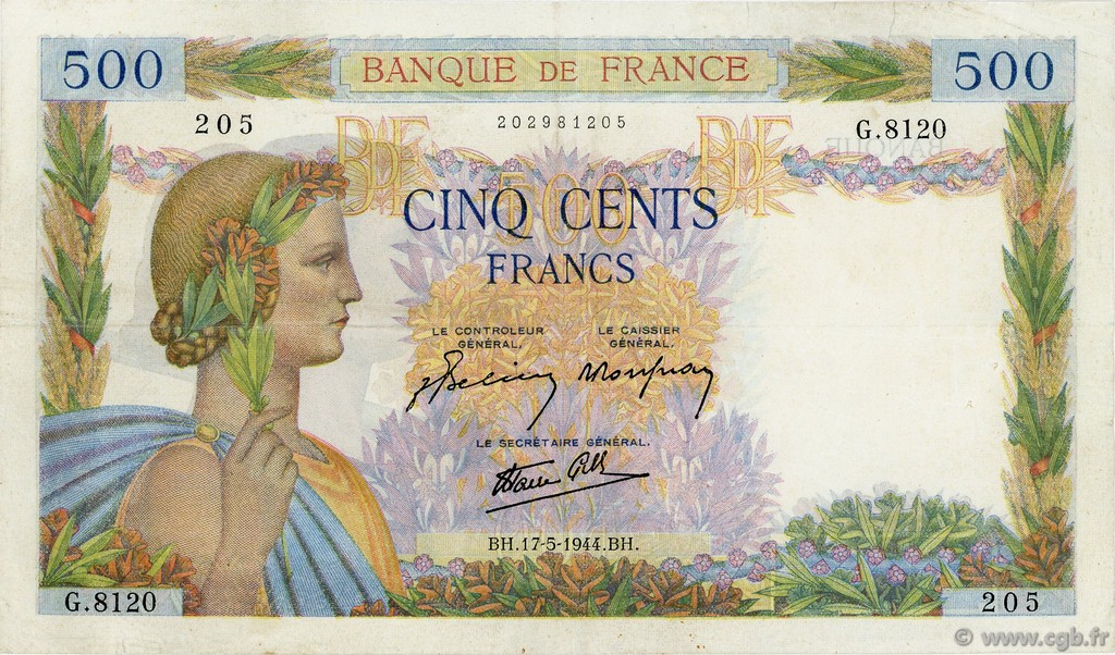 500 Francs LA PAIX FRANCE  1944 F.32.47 pr.TTB