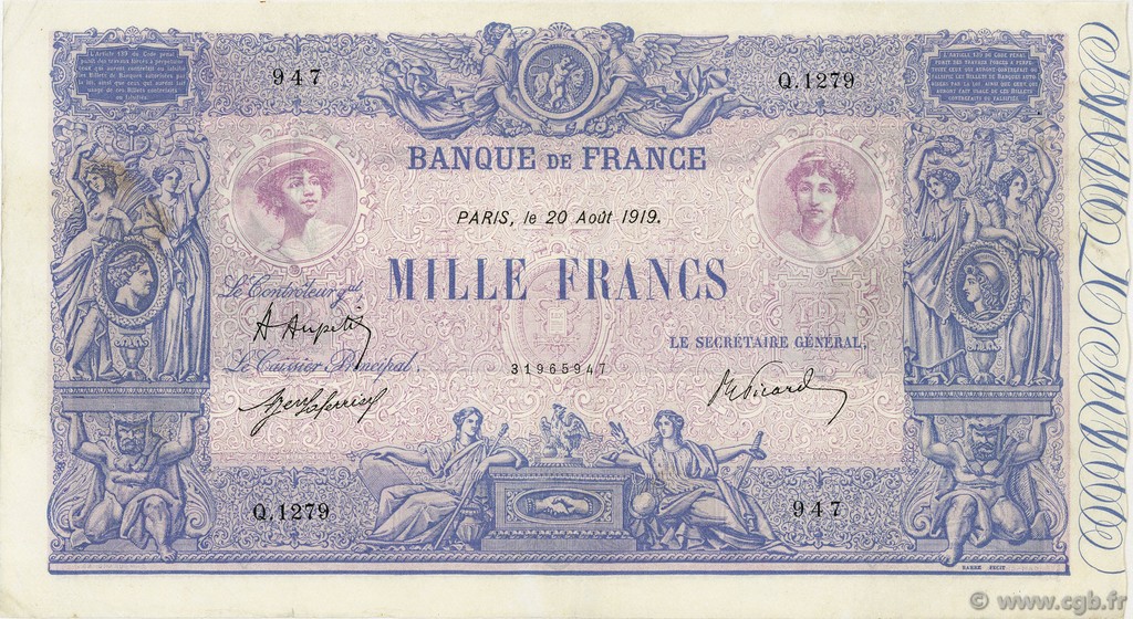 1000 Francs BLEU ET ROSE FRANCE  1919 F.36.34 TTB+