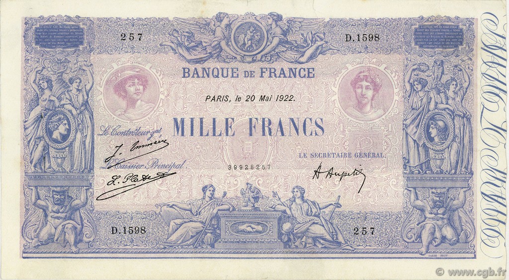 1000 Francs BLEU ET ROSE FRANCE  1922 F.36.38 TTB