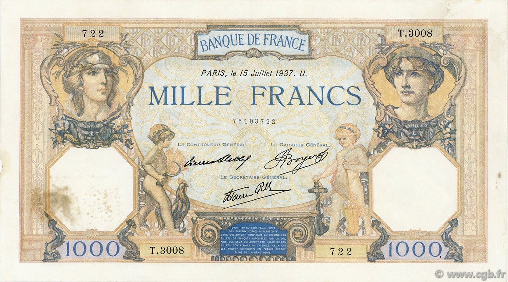 1000 Francs CÉRÈS ET MERCURE type modifié FRANCE  1937 F.38.02 TTB+