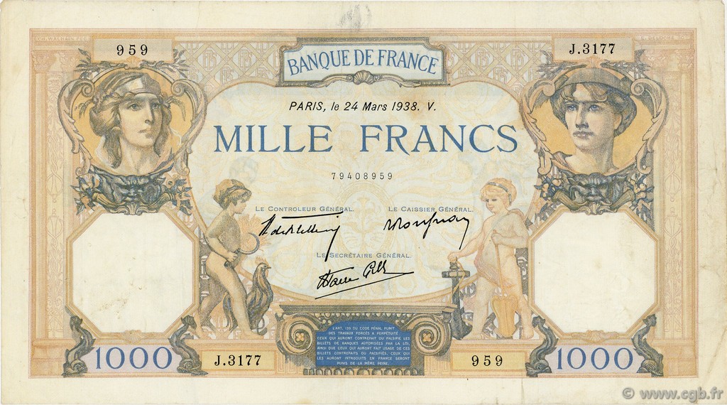 1000 Francs CÉRÈS ET MERCURE type modifié FRANCE  1938 F.38.09 TTB