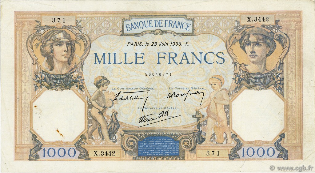 1000 Francs CÉRÈS ET MERCURE type modifié FRANCE  1938 F.38.20 TB+