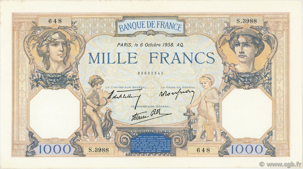 1000 Francs CÉRÈS ET MERCURE type modifié FRANKREICH  1938 F.38.28 fVZ