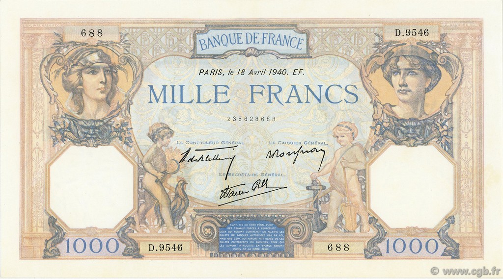 1000 Francs CÉRÈS ET MERCURE type modifié FRANCE  1940 F.38.46 SUP+