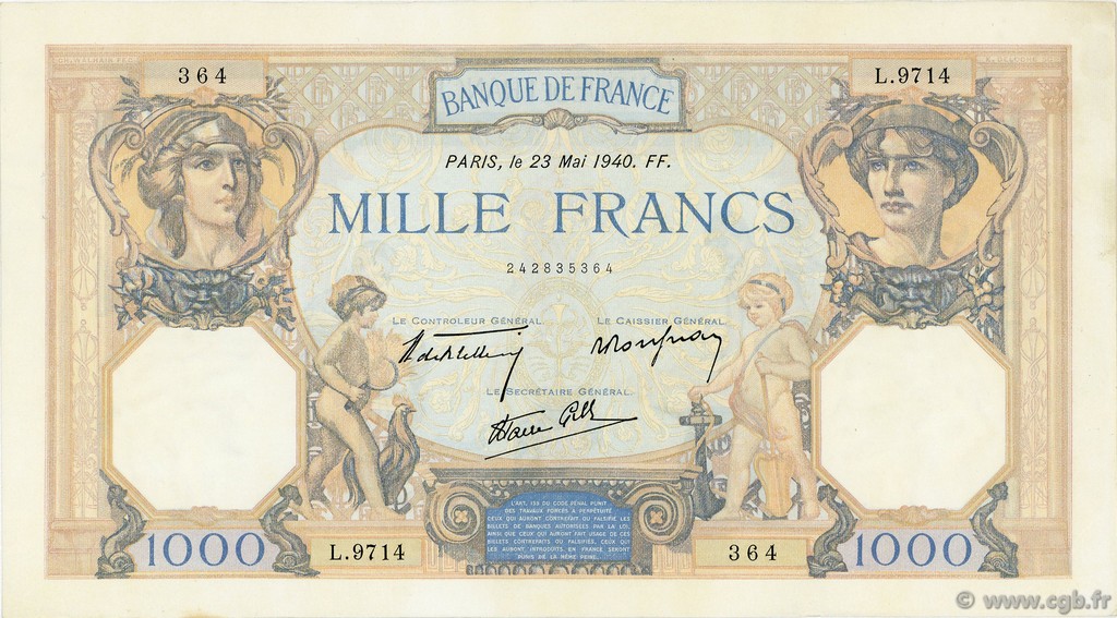 1000 Francs CÉRÈS ET MERCURE type modifié FRANCE  1940 F.38.47 SUP