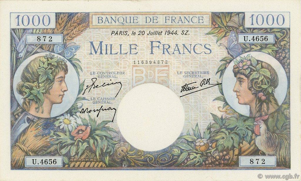 1000 Francs COMMERCE ET INDUSTRIE FRANCE  1944 F.39.12 SPL