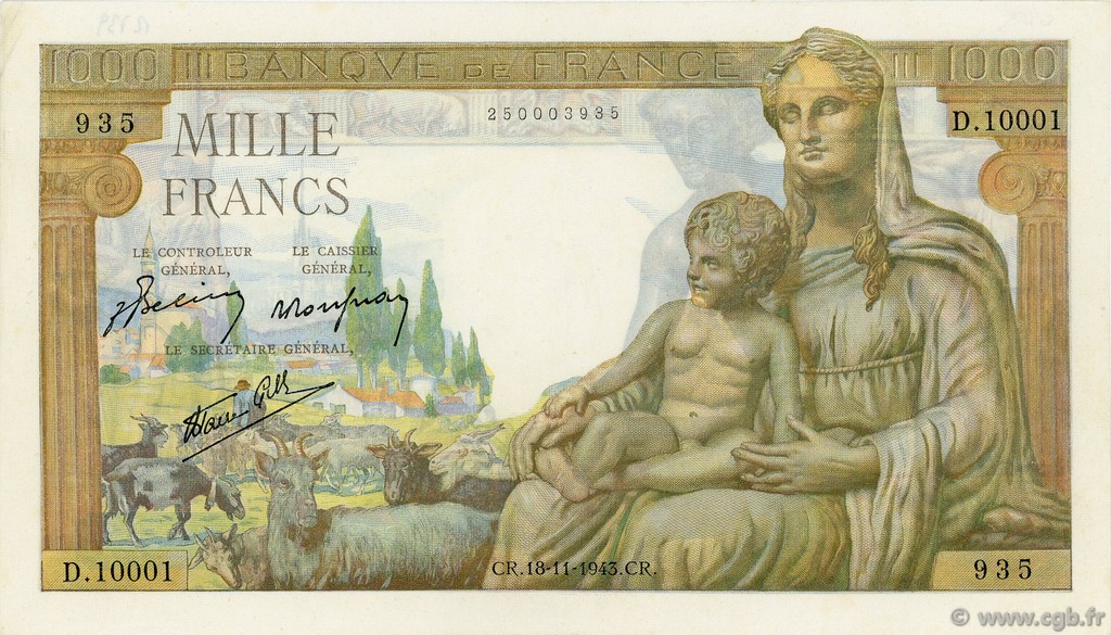 1000 Francs DÉESSE DÉMÉTER FRANCE  1943 F.40.40 SUP