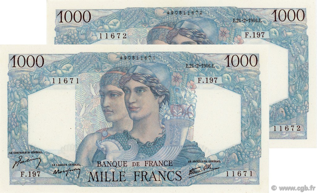 1000 Francs MINERVE ET HERCULE FRANCE  1946 F.41.11 SUP à SPL