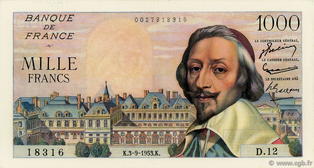 1000 Francs RICHELIEU FRANCE  1953 F.42.02 pr.SUP