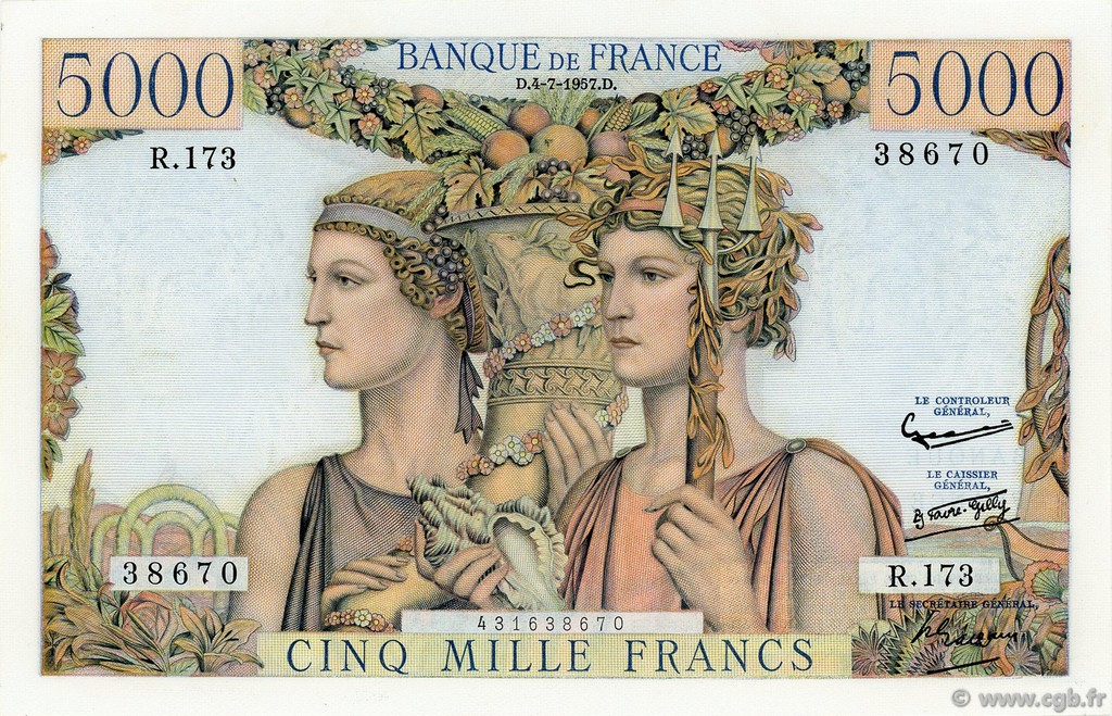 5000 Francs TERRE ET MER FRANCE  1957 F.48.16 SUP+