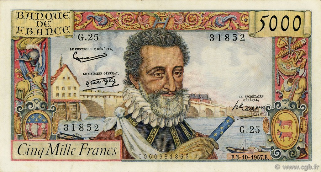 5000 Francs HENRI IV FRANCE  1957 F.49.03 pr.TTB