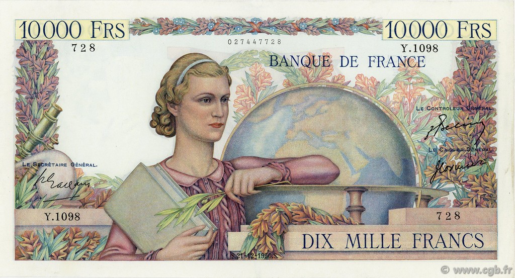 10000 Francs GÉNIE FRANÇAIS FRANCE  1950 F.50.46 SUP