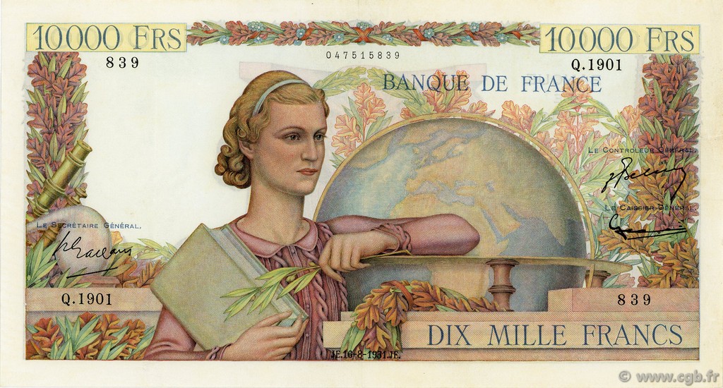 10000 Francs GÉNIE FRANÇAIS FRANCE  1951 F.50.53 pr.SUP