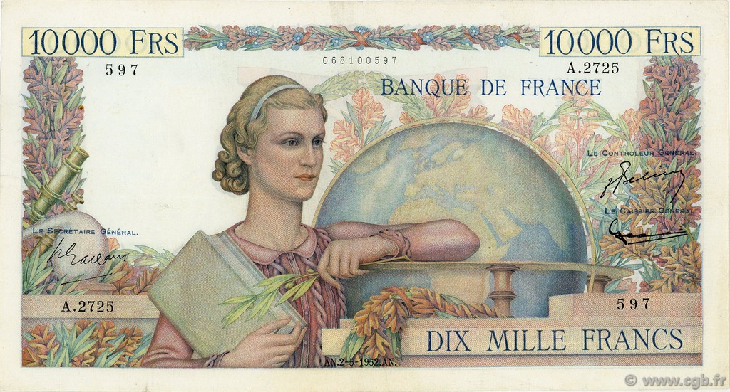 10000 Francs GÉNIE FRANÇAIS FRANCE  1952 F.50.58 TTB+