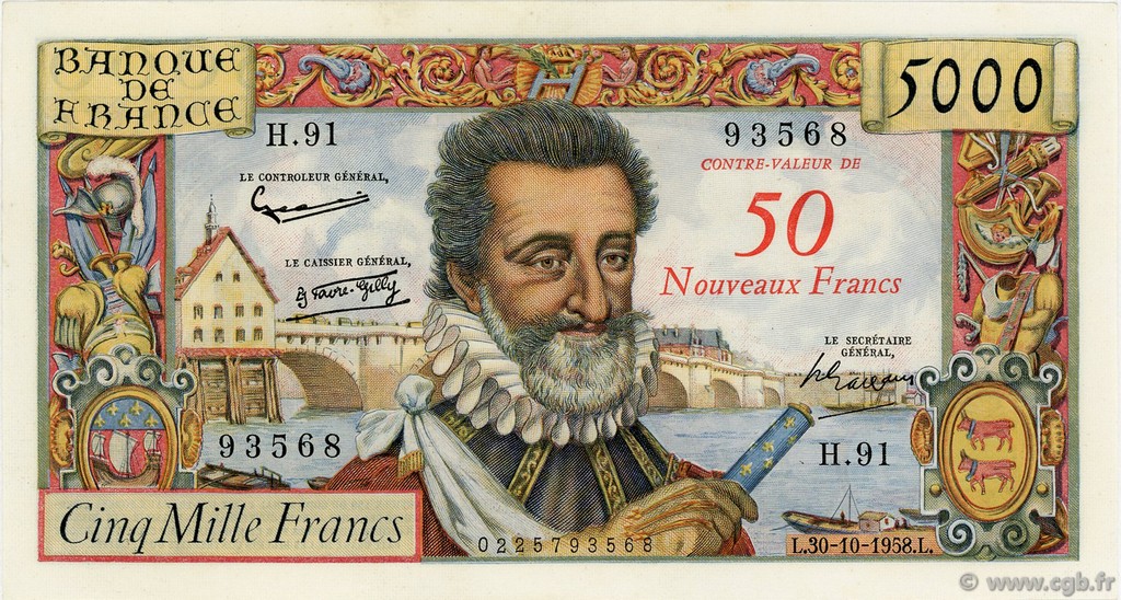 50 NF sur 5000 Francs HENRI IV FRANCE  1958 F.54.01 SUP+