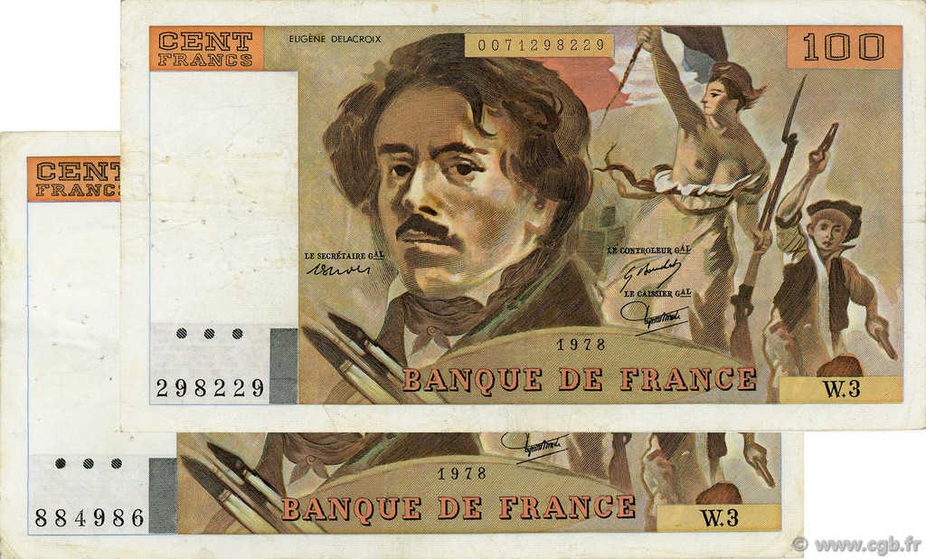 100 Francs DELACROIX Lot FRANCE  1978 F.68.03 et F.69.01b TTB