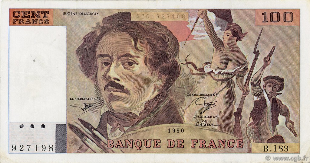 100 Francs DELACROIX imprimé en continu FRANCE  1990 F.69bis.02e2 TTB+