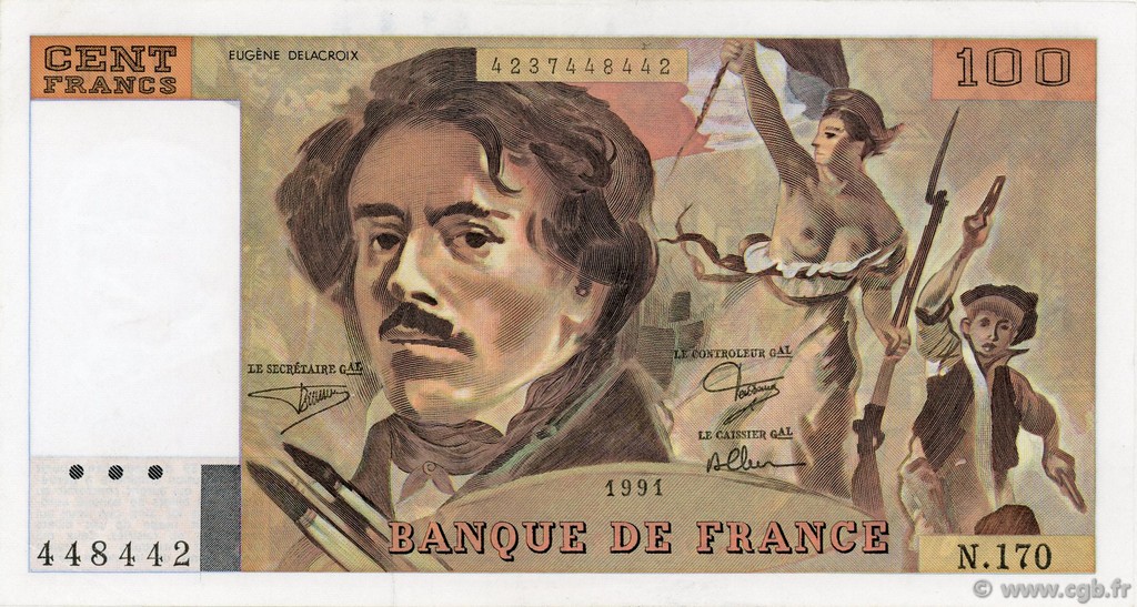 100 Francs DELACROIX imprimé en continu FRANCE  1991 F.69bis.03a1 SUP
