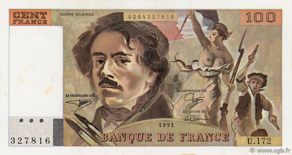 100 Francs DELACROIX imprimé en continu FRANCE  1991 F.69bis.03a4 TTB