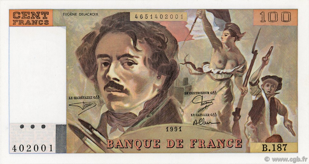 100 Francs DELACROIX imprimé en continu FRANCE  1991 F.69bis.03b2 SPL+