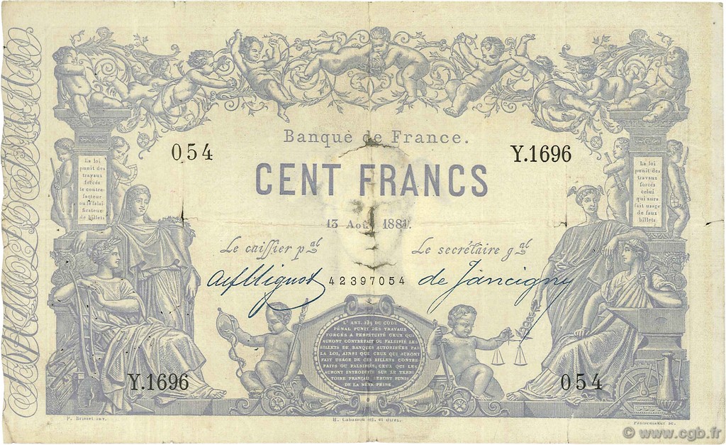 100 Francs type 1862 Indices Noirs FRANCE  1881 F.A39.17 pr.TB