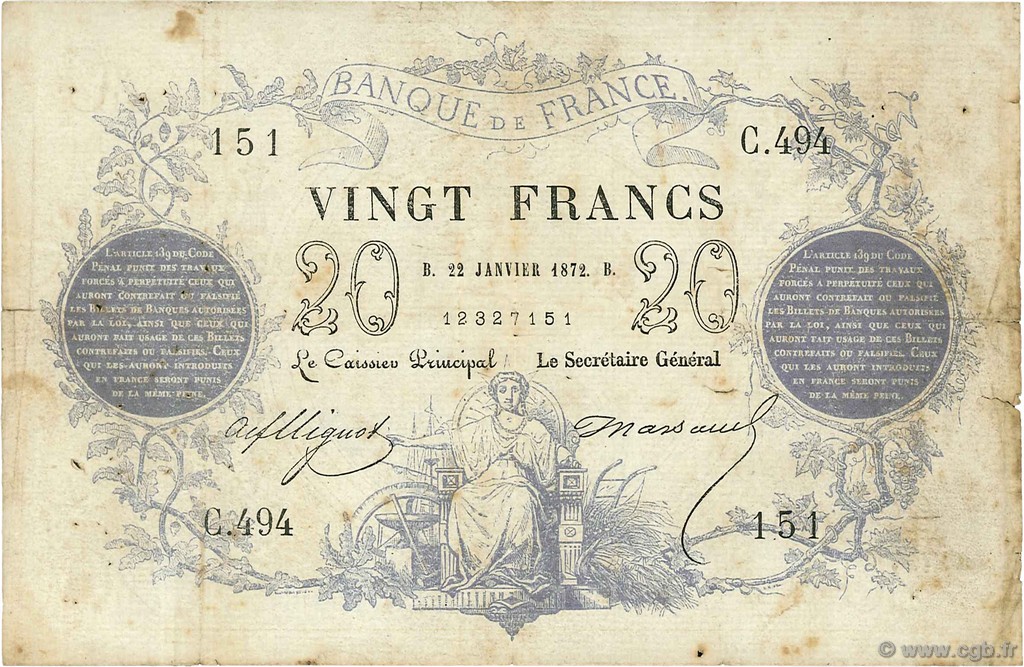 20 Francs type 1871 FRANCE  1872 F.A46.03 pr.TB