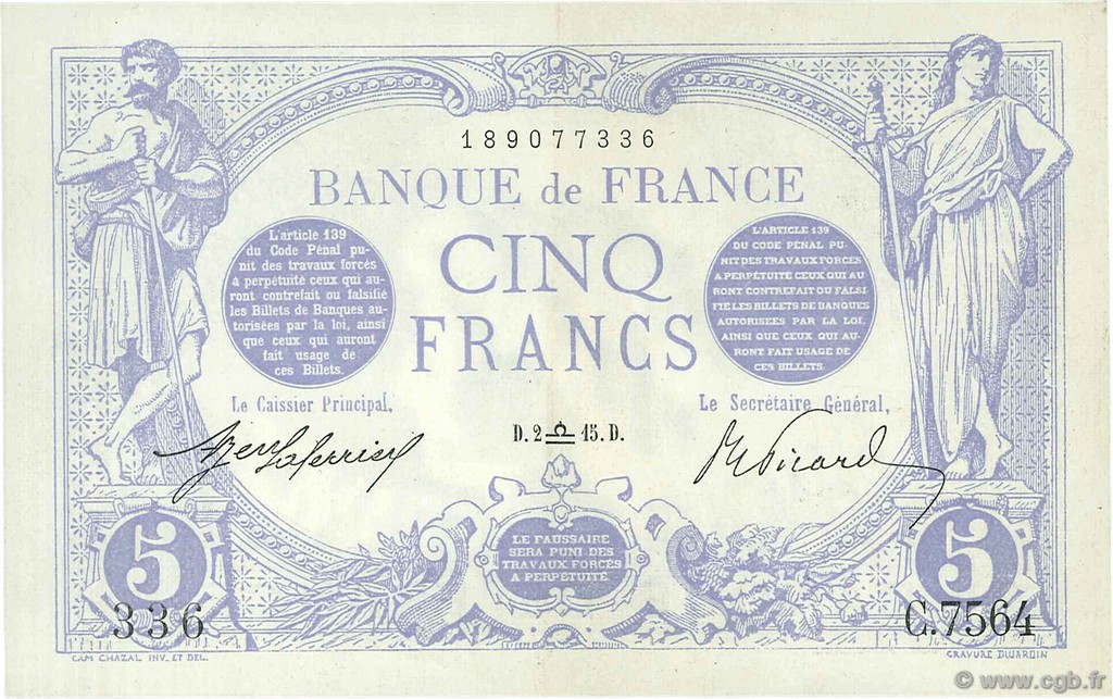5 Francs BLEU FRANCE  1915 F.02.31 SPL