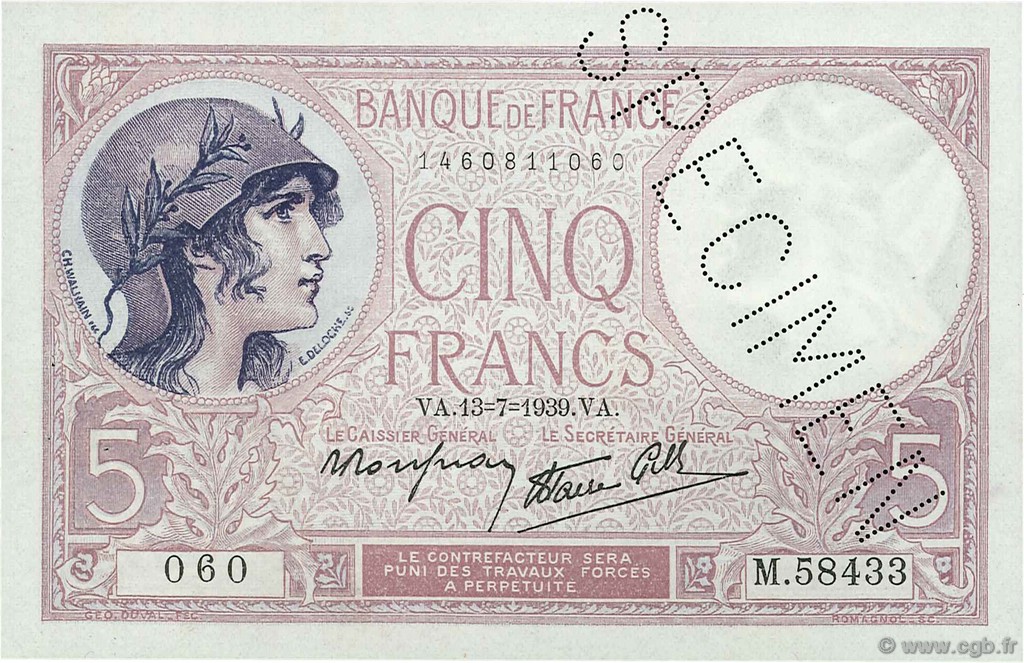 5 Francs FEMME CASQUÉE modifié FRANCE  1939 F.04.01Scp SUP+