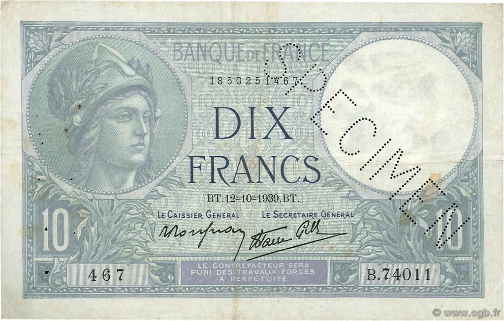 10 Francs MINERVE modifié FRANCE  1939 F.07.11Scp TTB