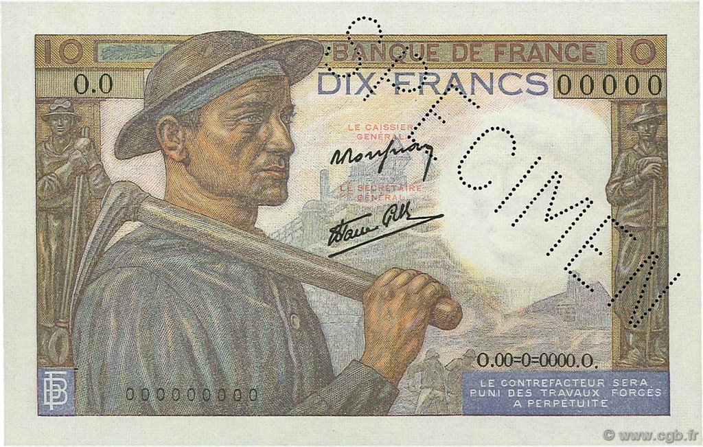 10 Francs MINEUR FRANCE  1941 F.08.01Sp2 SPL