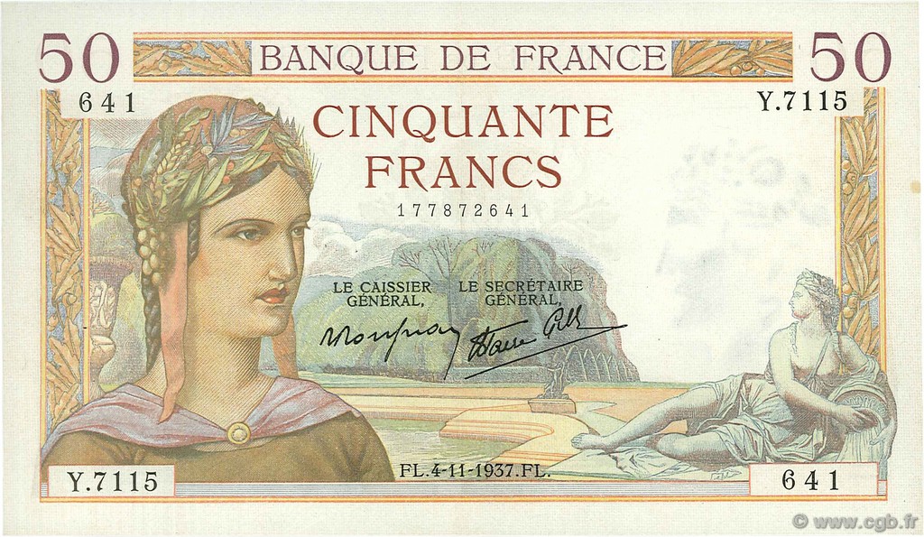 50 Francs CÉRÉS modifié FRANCE  1937 F.18.04 SUP